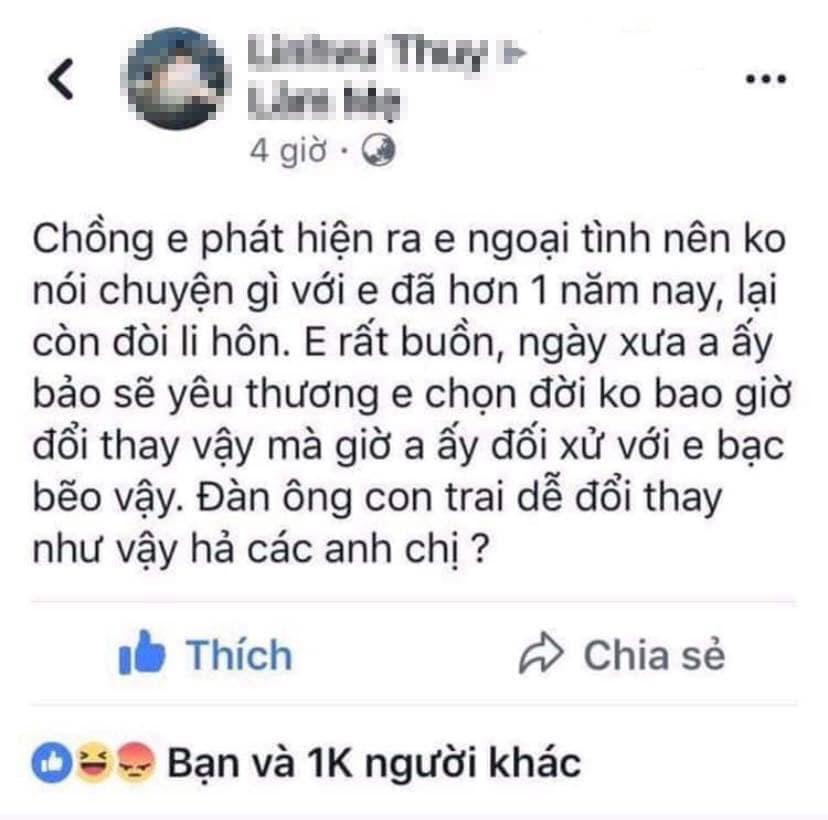Chết cười: Ngoại tình bị chồng phát hiện, cô vợ lên mạng than vãn chê chồng bạc bẽo, sao ngày xưa anh hứa yêu em trọn đời?-1