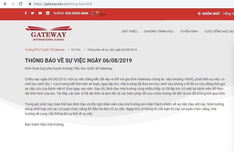 Trường Quốc tế Gateway xin lỗi và gửi thông báo về việc bé 6 tuổi tử vong vì bị bỏ quên trên xe bus-2