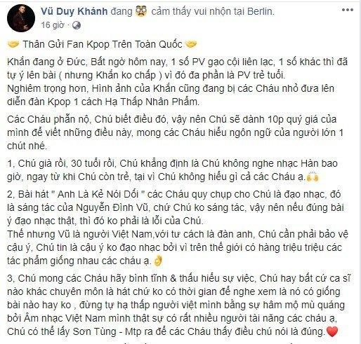 Công khai đối đầu fan Kpop: Vũ Duy Khánh gây phẫn nộ khi xưng hô chú cháu và dạy bảo fan Kpop đừng hâm mộ mù quáng-1