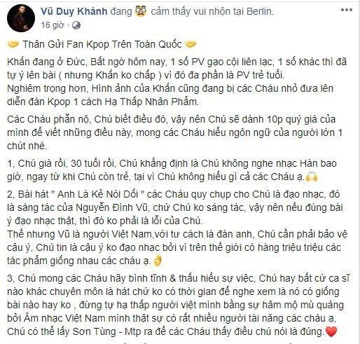 Công khai đối đầu fan Kpop: Vũ Duy Khánh gây phẫn nộ khi xưng hô chú cháu và dạy bảo fan Kpop đừng hâm mộ mù quáng-1
