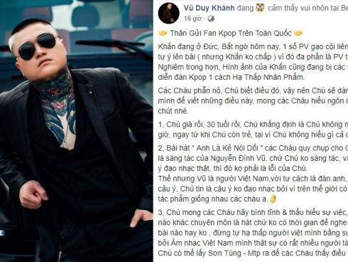 Công khai đối đầu fan Kpop: Vũ Duy Khánh gây phẫn nộ khi xưng hô chú cháu và dạy bảo fan Kpop đừng hâm mộ mù quáng