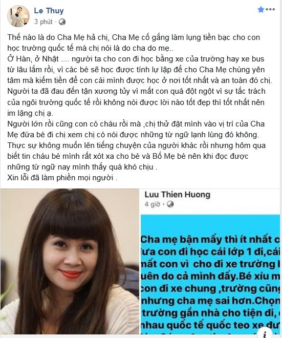 Lê Thúy công khai mắng Lưu Thiên Hương khi thấy đàn chị trách móc bố mẹ bé trai 6 tuổi tử vong vì bị quên trên xe bus-6