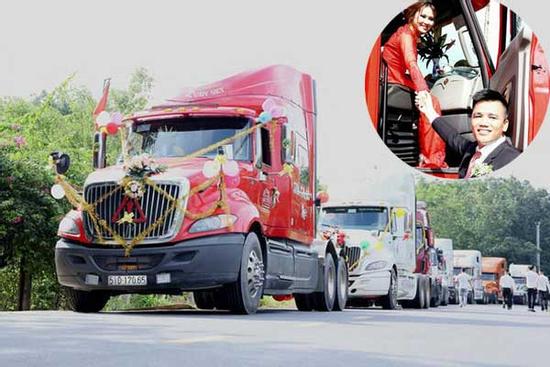 Chú rể 'chơi lớn', dùng đoàn xe đầu kéo container rước dâu 'nổi như cồn' cả mạng xã hội