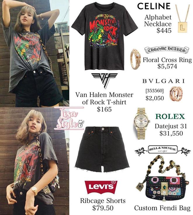 Quần jeans, áo phông giá 240 USD, trong khi đó phụ kiện của Lisa lên tới hơn 40.000 USD với đồng hồ Rolex, nhẫn, vòng cổ và chiếc túi thiết kế của nhà mốt Fendi.