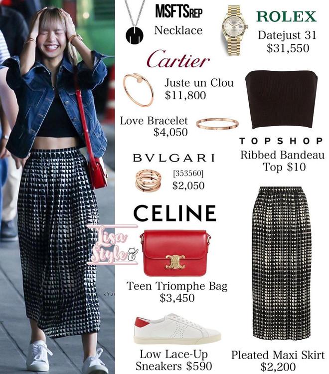 Chân váy midi dáng dài tôn được chiều cao của thành viên BlackPink có giá lên tới 2.200 USD nhưng cũng không thể sánh được độ sang chảnh của chiếc đồng hồ Rolex 31.550 USD và lắc tay Cartier 11.800 USD.