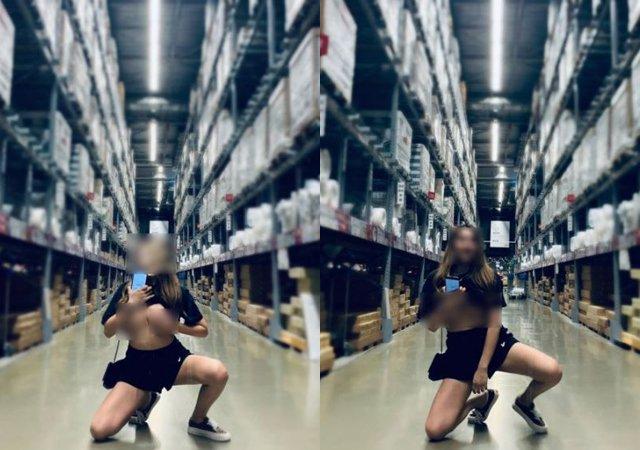 Giữa siêu thị đông người, gái xinh tự tay nắn bóp khoe vòng một-1