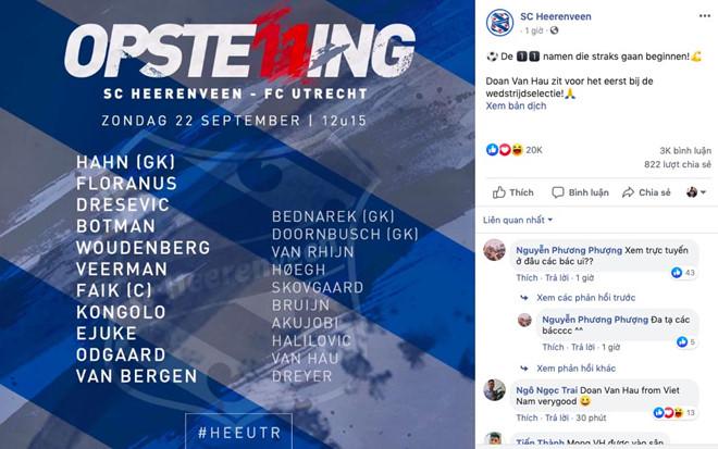 Fanpage CLB Heerenveen gọi tên Văn Hậu trước trận đấu-1