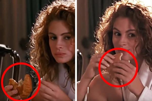 Trong Pretty Woman, Julia Roberts ăn sáng với bánh sừng bò nhưng cảnh phim ngay sau đó, chiếc bánh cô đang ăn dở bỗng biến thành bánh kếp.