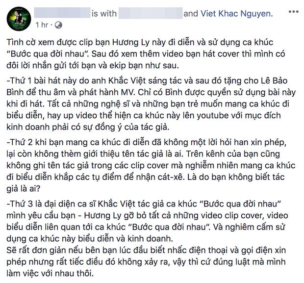 Khắc Việt công khai cấm Hương Ly mang hit Bước qua đời nhau đi hát thương mại vì chưa xin phép-1