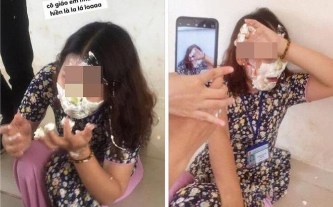 Học sinh đăng ảnh cô giáo bị trét bánh kem đầy mặt và bình luận: Hành cô dễ sợ luôn-1