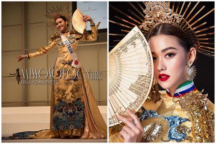 Tường San catwalk tự tin với trang phục dân tộc 'Rồng chầu mặt trời' tại Miss International 2019