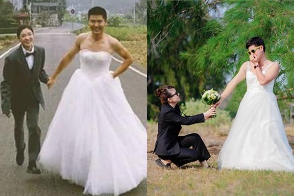 Ảnh cưới hoán đổi thân phận, chồng diện váy, vợ vest đen-6