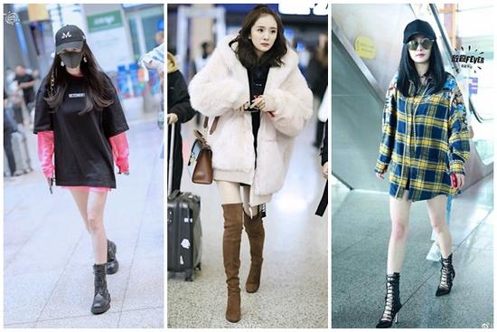 Dương Mịch chuộng style giấu quần khoe chân thon mỗi khi ra sân bay