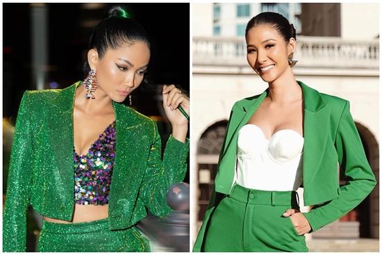Vừa sang Mỹ thi Miss Universe, Hoàng Thùy diện suit xanh gợi nhớ đến phong cách của H'Hen Niê