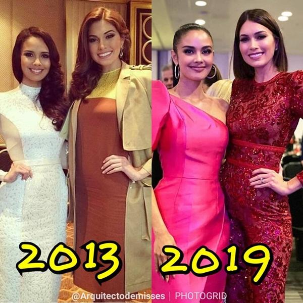 Hoa hậu Hoàn vũ 2013 - Gabriela Isler (Venezuela, váy đỏ) tái ngộ Hoa hậu Thế giới 2013 - Megan Young (Philippines) sau lần gặp đầu tiên cách đây 6 năm trước. Thời gian dường như không tác động đến vẻ ngoài của hai nữ hoàng sắc đẹp.