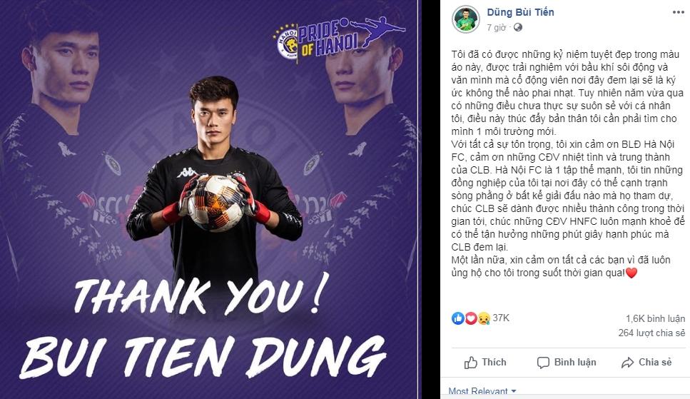 Rời Hà Nội FC, thủ môn Bùi Tiến Dũng lần đầu có những chia sẻ khi phải ngồi ghế dự bị suốt 1 năm-2