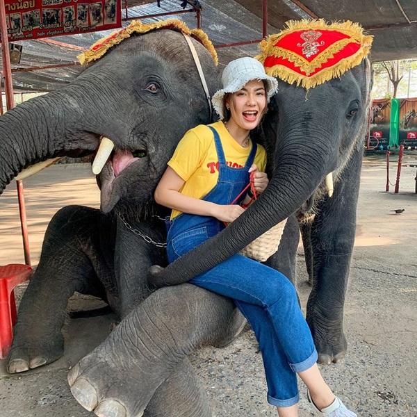 Top 6 Hoa hậu Hoàn vũ 2016 - Chalita Suansane (Thái Lan) biểu cảm nhí nhảnh bên những chú voi.