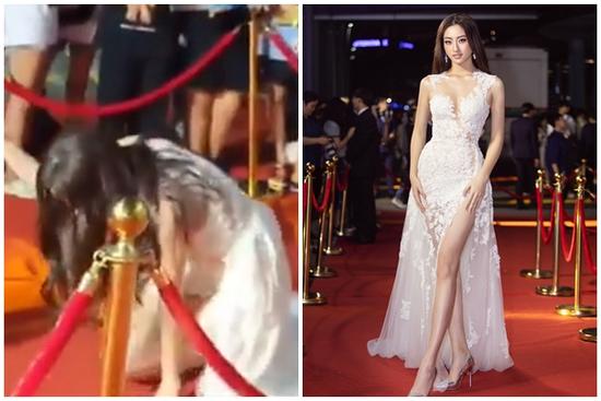 Lương Thùy Linh ngã dúi dụi khi đang bước trên thảm đỏ vẫn nổi bật giữa dàn hoa hậu mặc lại đầm cũ