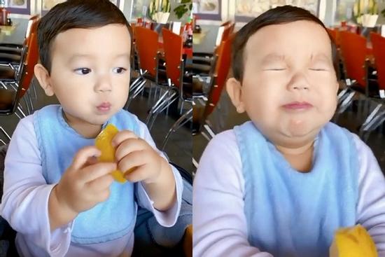 Phát sốt với biểu cảm cực 'cute' của quý tử nhà Phạm Hương khi ăn chanh