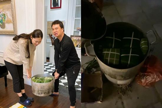 Á hậu Thanh Tú cùng chồng đại gia gói bánh chưng nhưng biểu cảm của cả hai mới thu hút sự chú ý