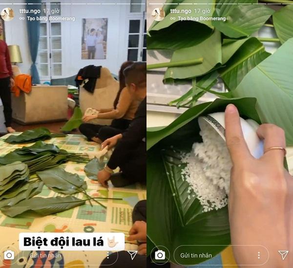 Á hậu Thanh Tú cùng chồng đại gia gói bánh chưng nhưng biểu cảm của cả hai mới thu hút sự chú ý-2