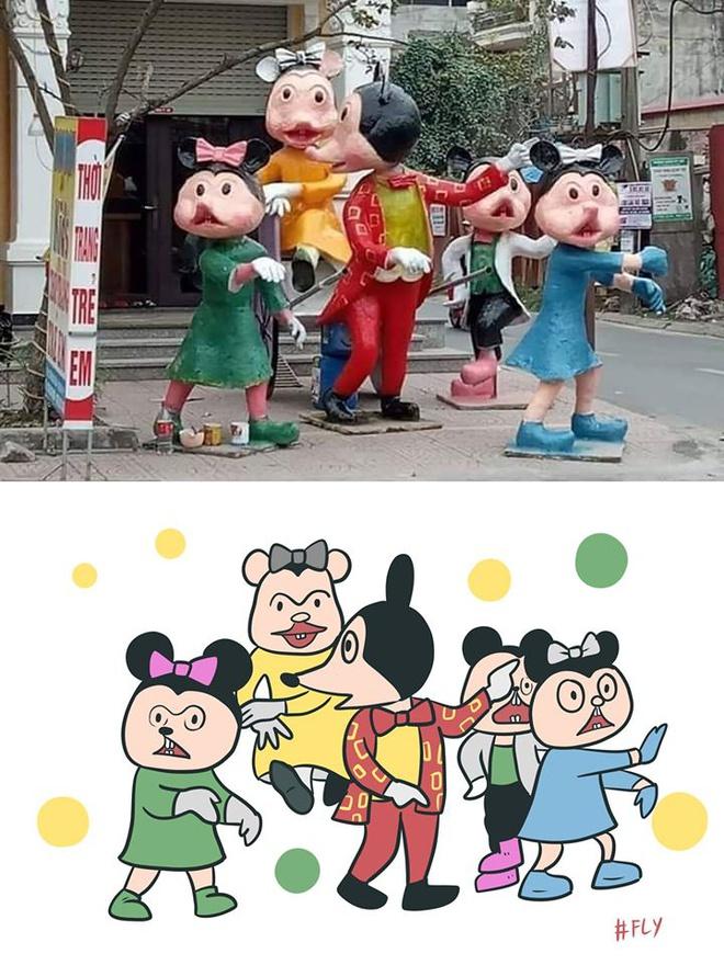 5 tượng chuột ở Hải Phòng với tạo dáng kỳ lạ và biểu cảm có phần đáng sợ thu hút sự chú ý của cộng đồng mạng. “Hãy tha thứ cho những chú chuột bị dính lời nguyền”, một dân mạng hài hước viết. Ảnh: Thăng Fly Comics.