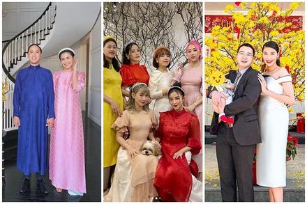 Mùng 1 Tết: Vợ chồng Hà Tăng diện áo dài - vợ chồng Lan Khuê lên đồ concept đen trắng