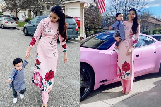 Phạm Hương và con trai diện áo dài bên xe sang