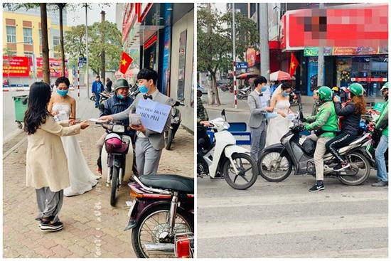 Cô dâu chú rể phát khẩu trang miễn phí trên phố khiến dân mạng tranh cãi gay gắt