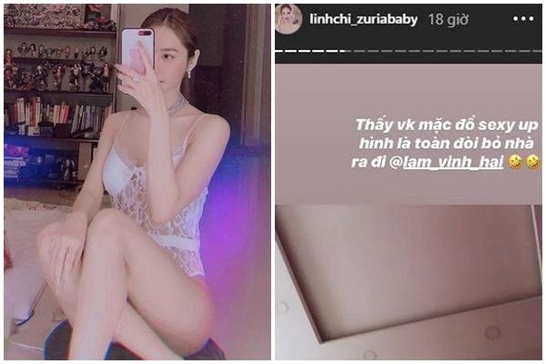 Mở đầu tin sao Việt là hình ảnh Linh Chi gợi cảm trong bộ bodysuit màu trắng, khoe trọn những đường cong nóng bỏng. Cô chia sẻ thêm, mỗi khi mình đăng ảnh sexy như vậy thì Lâm Vinh Hải lại muốn... bỏ nhà ra đi.