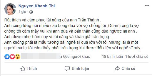 Giữa lúc Trấn Thành bị ném đá vì gán ghép Đức Phúc, Khánh Thi bày tỏ sự trân trọng danh hài-3