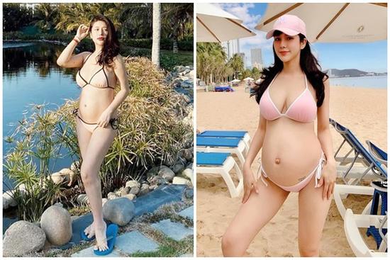 Vân Navy diện bikini khoe bụng bầu 'đụng hàng' ngay Diệp Lâm Anh