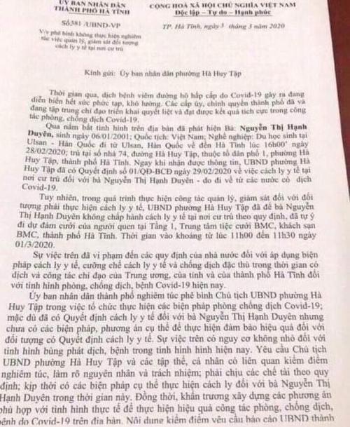 Nữ sinh về từ Hàn Quốc không chịu cách ly, cố tình đến đám cưới, Chủ tịch UBND phường ở Hà Tĩnh bị phê bình-1