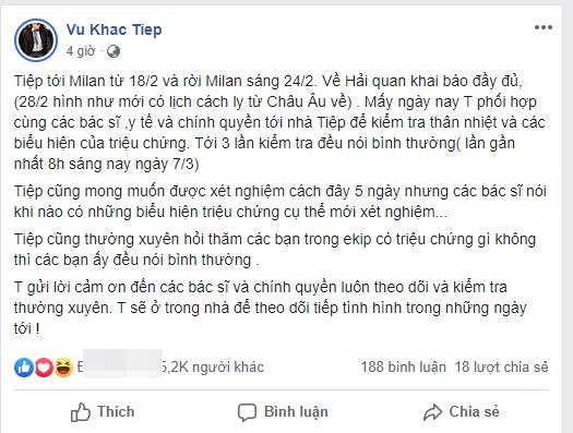 Vũ Khắc Tiệp công khai quá trình tự cách ly sau khi trở về từ vùng dịch Covid-19-1