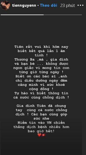 Sau 9 ngày điều trị tích cực, rich kid Tiên Nguyễn thông báo âm tính lần 1 với Covid-19-2