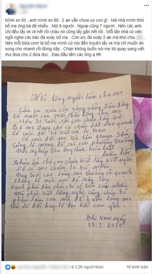 Thanh niên 30 tuổi chưa lấy vợ liền bị bố mẹ viết tâm thư dằn mặt, đọc xong ai cũng nghẹn nghẹn-1