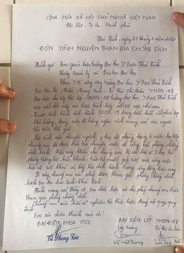 Tập thể lớp tại ĐH Y Dược Thái Bình viết đơn xin tham gia chống dịch-1