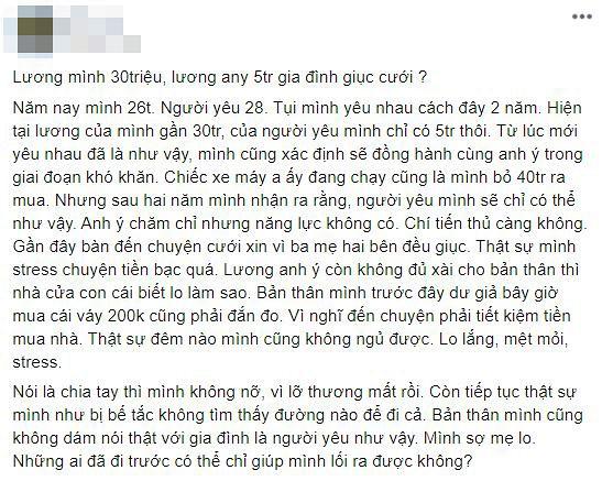 Lương 30 triệu, cô gái trăn trở có nên yêu và lấy người đàn ông lương 5 triệu làm hội chị em tranh cãi-1
