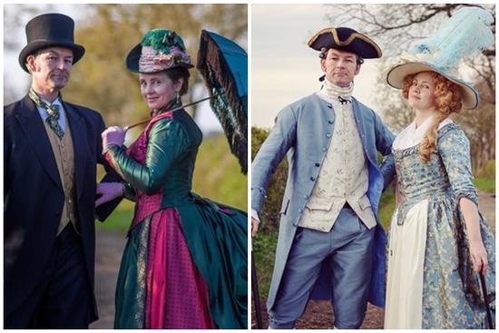 Cặp vợ chồng mặc đồ thời xưa đi tập thể dục để mua vui cho hàng xóm