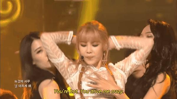 Into You (Hyo Sung): Hyo Sung vốn nổi tiếng là nữ idol sở hữu vòng một “bốc lửa”. Cô cũng thường xuyên phô diễn lợi thế đó qua trang phục cũng như vũ đạo. Ca khúc solo Into You của nữ ca sĩ từng bị nhà đài ra lệnh cấm vì vũ đạo "gợi cảm quá đà", buộc phải chỉnh sửa mới được trình diễn. Dù vậy, những động tác động chạm vùng nhạy cảm trong phần vũ đạo ca khúc vẫn khiến người xem "nóng mắt".