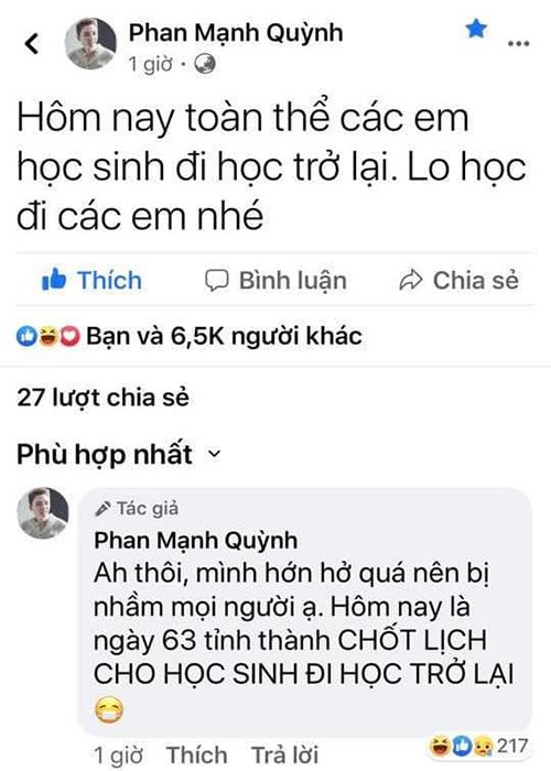 Viết vài dòng hân hoan ngày học sinh trở lại trường, Phan Mạnh Quỳnh muối mặt vì nhầm thông tin-2