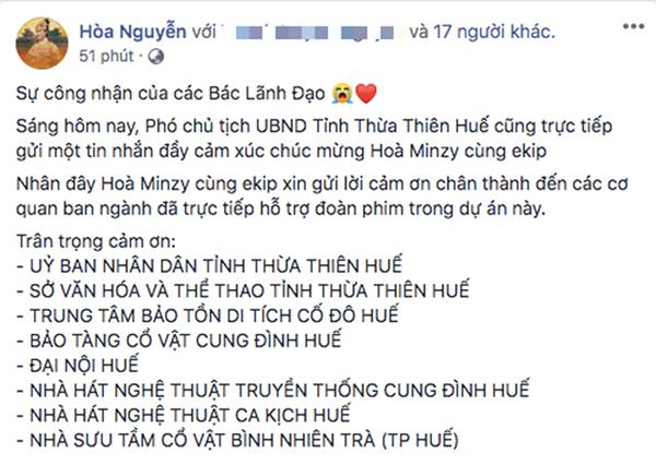 Niềm vui nối tiếp niềm vui, Hoà Minzy được Phó Chủ tịch UBND tỉnh Thừa Thiên Huế gửi lời cảm ơn khi đưa yếu tố lịch sử vào MV comeback-1
