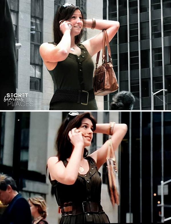 Judith tạo dáng bên ngoài tòa nhà McGraw-Hill, cạnh trung tâm Rockefeller ở New York, bắt chước biểu cảm của Anne Hathaway trong phim Yêu nữ thích hàng hiệu.