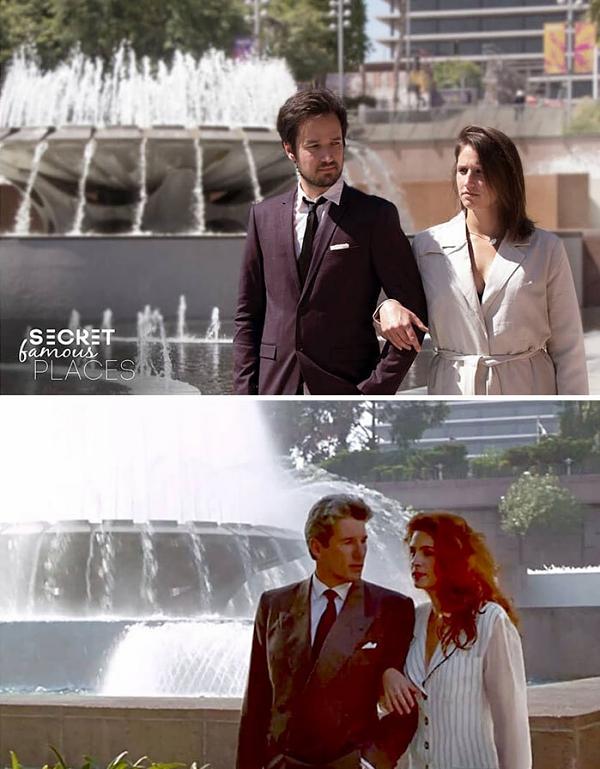 Cặp đôi tái dựng một cảnh trong Pretty Woman tại đài phun nước tưởng niệm Arthur J. Will ở Grand Park, Los Angeles.