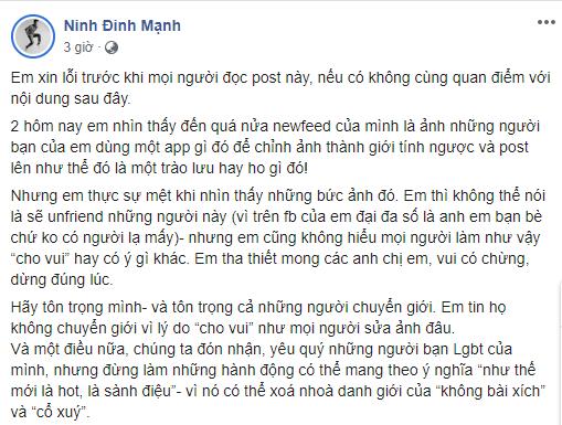 Đinh Mạnh Ninh phản đối sử dụng phần mềm chuyển giới đang là hot trend-3