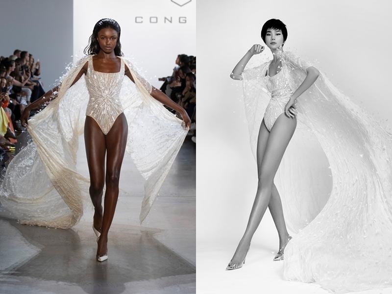 Thanh Hằng đụng độ với thiên thần Victoria's Secret - Leomie Anderson trong bộ bodysuit đính pha lê. Rõ ràng, hình ảnh của người đẹp Việt lấn lướt người mẫu gốc Phi.