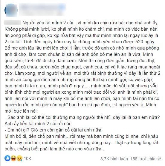 Cơm nước tinh tươm mời bố mẹ người yêu, cô gái không ngờ nhận 2 cái tát điếng người từ bạn trai-1