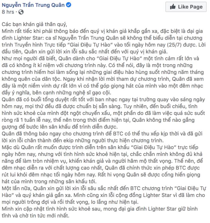 Nguyễn Trần Trung Quân đăng tâm thư xin lỗi sau khi bất ngờ huỷ show phút chót-1