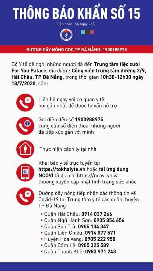 KHẨN: Những ai đến Trung tâm tiệc cưới For You Palace ở Đà Nẵng cần liên hệ y tế gấp-1