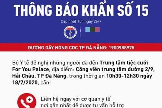 KHẨN: Những ai đến Trung tâm tiệc cưới For You Palace ở Đà Nẵng cần liên hệ y tế gấp